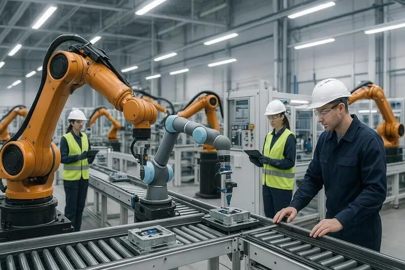 Robots colaborativos trabajando junto a operarios en una moderna planta de manufactura
