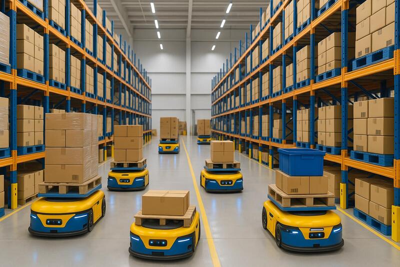 Vehículos autónomos transportando mercancías en almacén automatizado