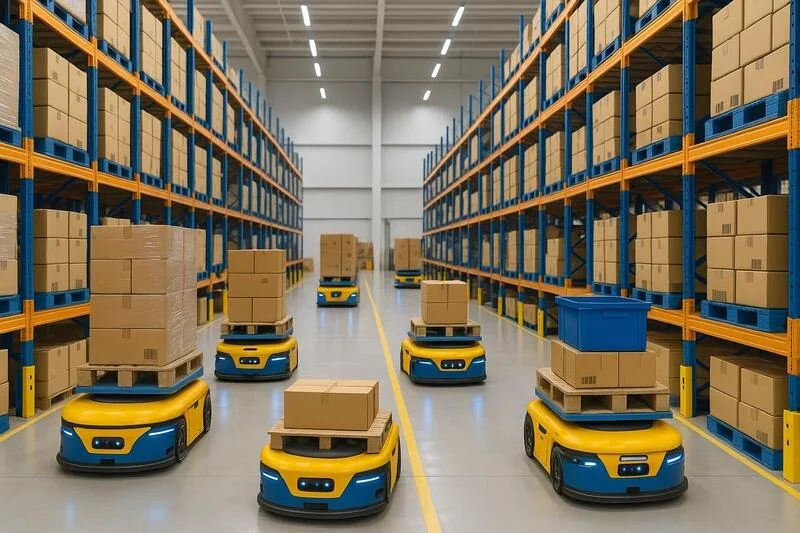 Vehículos autónomos transportando mercancías en almacén automatizado