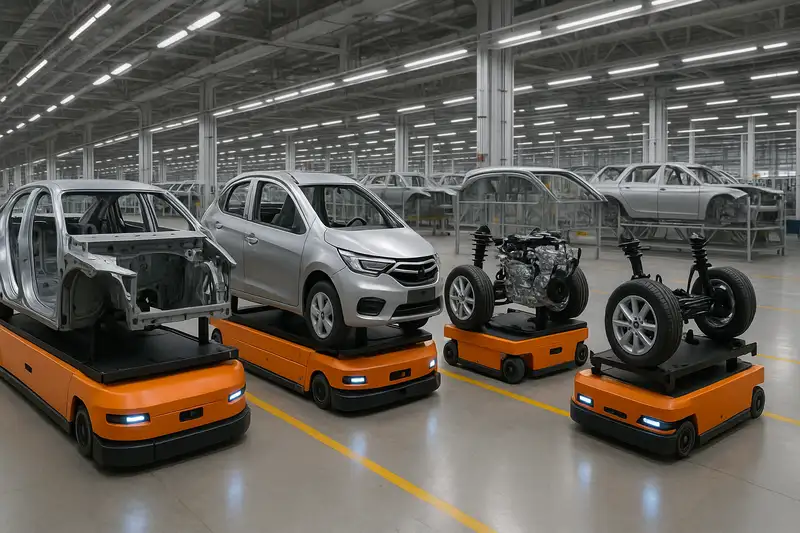 Vehículos guiados automáticamente transportando componentes en planta automotriz