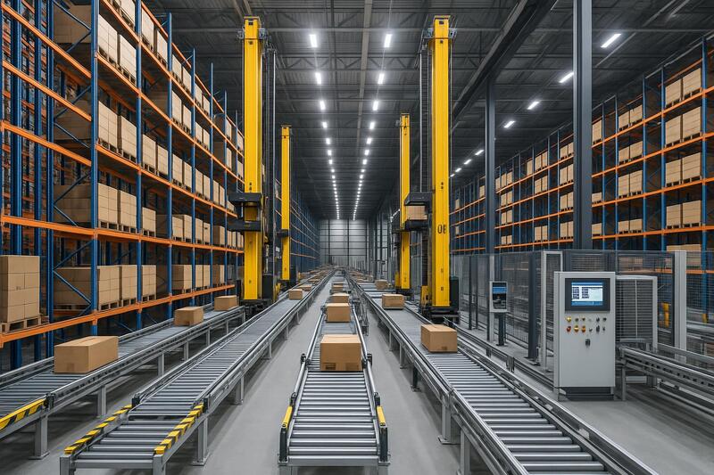 Sistema automatizado de almacenamiento y recuperación con robots en almacén moderno