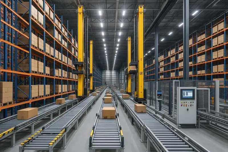 Sistema automatizado de almacenamiento y recuperación con robots en almacén moderno