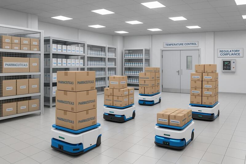 AGVs transportando productos farmacéuticos en almacén automatizado