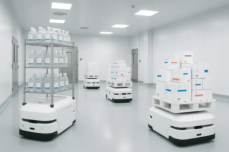 AGVs transportando productos farmacéuticos en almacén automatizado