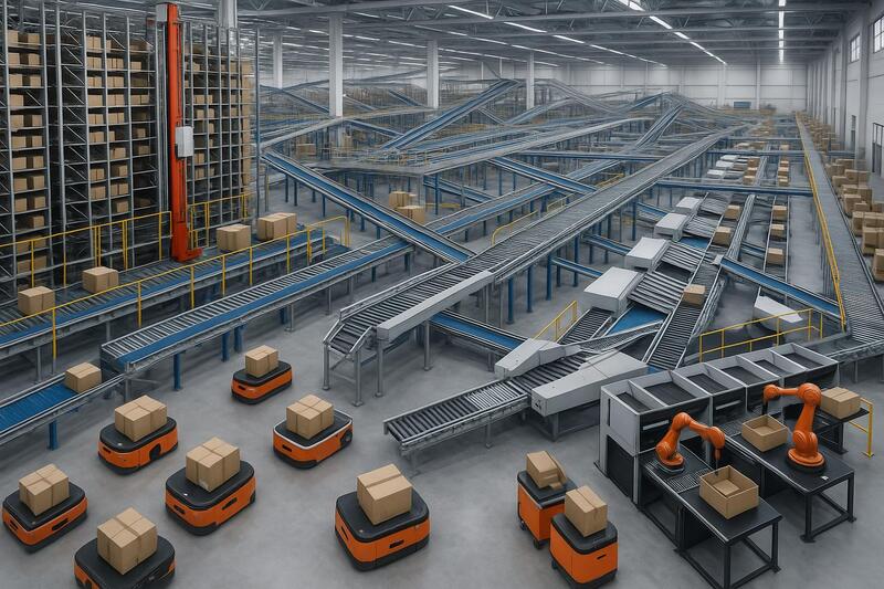 Centro de distribución automatizado con robots y sistemas AS/RS