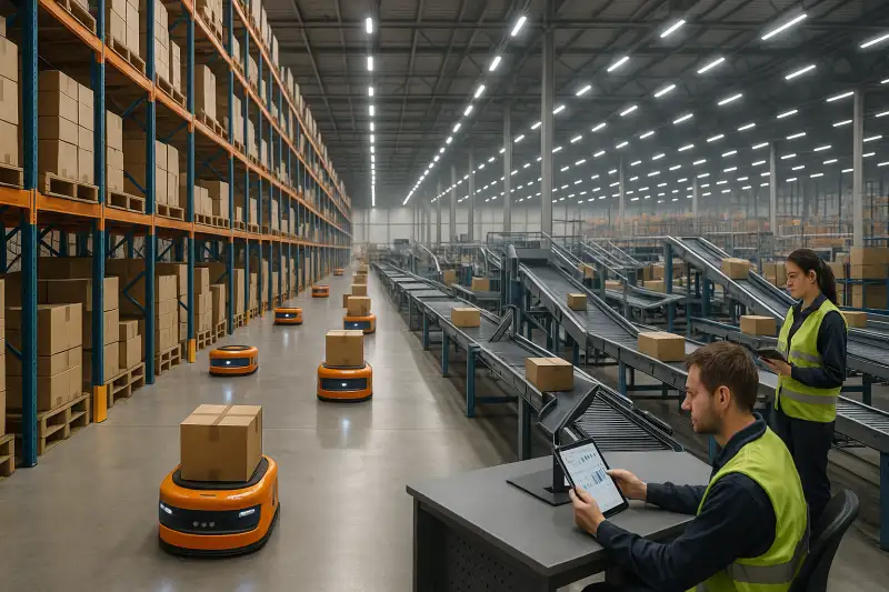 Centro de distribución automatizado con robots y sistemas AS/RS