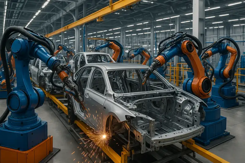 Línea automatizada de ensamblaje de carrocerías con robots industriales