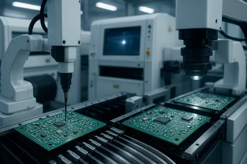 Línea de ensamblaje electrónico automatizada con robots colaborativos