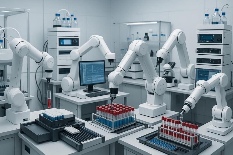 Robots de laboratorio realizando análisis farmacéuticos automatizados