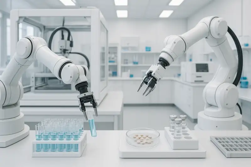 Robots de laboratorio realizando análisis farmacéuticos automatizados