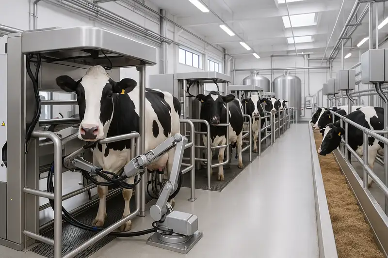 Línea automatizada de envasado de productos lácteos con robots industriales