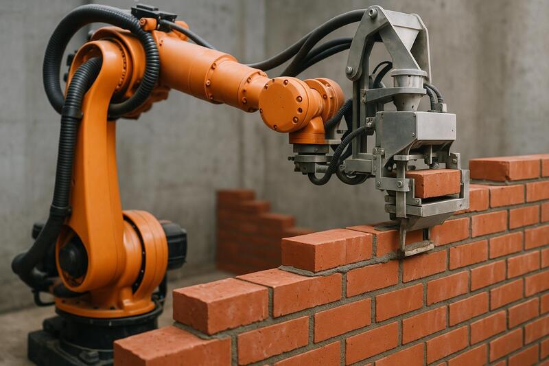 Robot de albañilería colocando ladrillos con precisión automática
