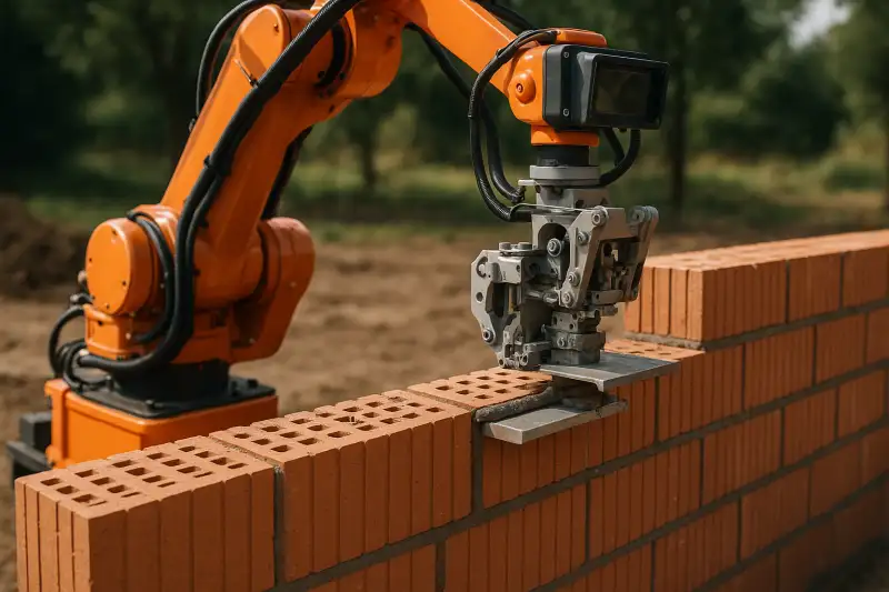 Robot de albañilería colocando ladrillos con precisión automática