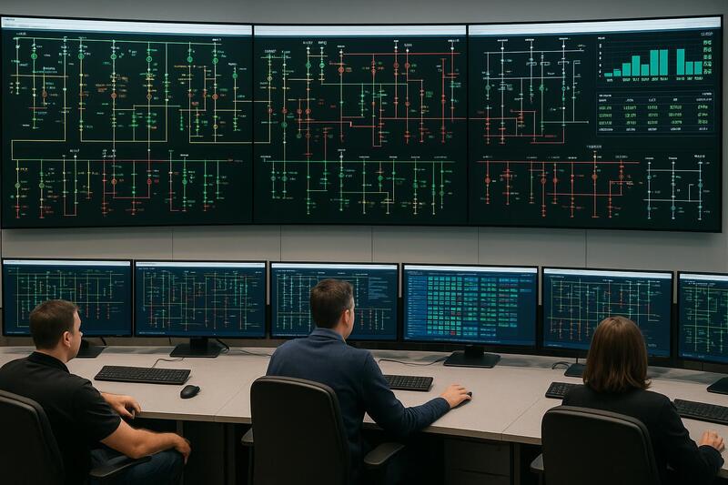 Centro de control SCADA gestionando red eléctrica