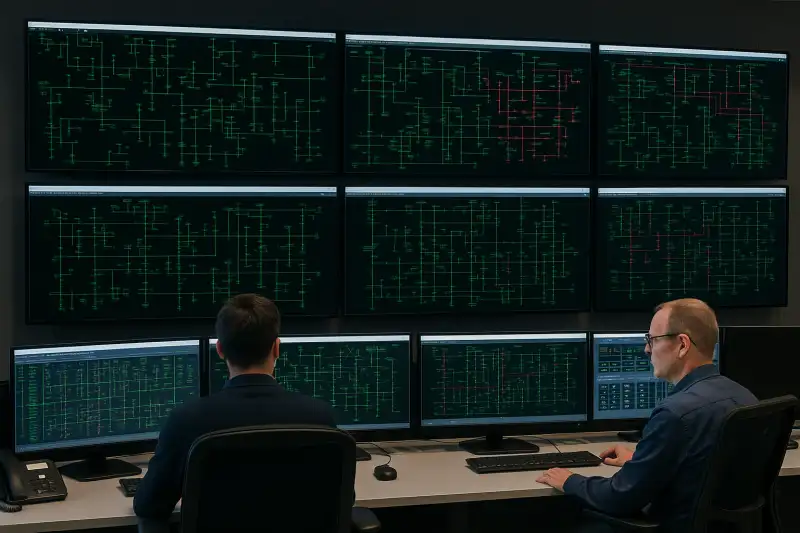 Centro de control SCADA gestionando red eléctrica