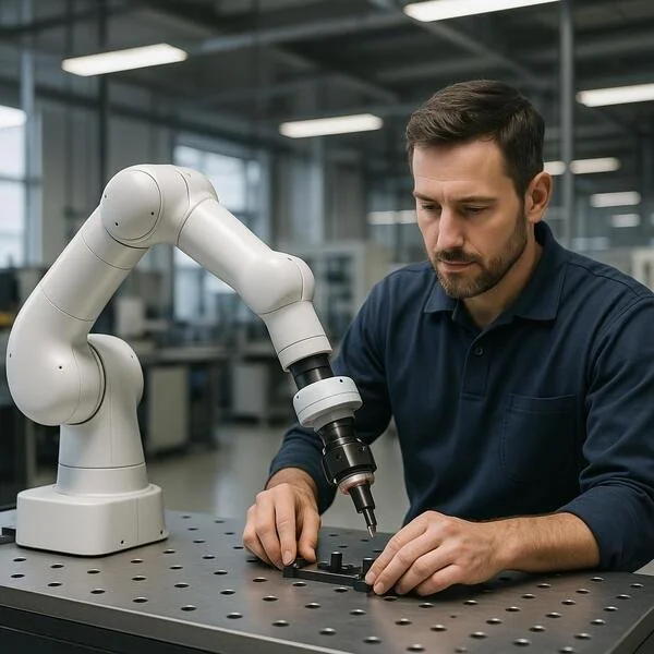 Robots colaborativos trabajando junto a operarios humanos en entornos industriales seguros