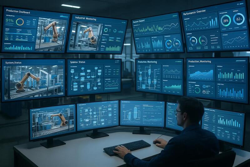 Centro de control con pantallas monitorizando procesos de manufactura en tiempo real