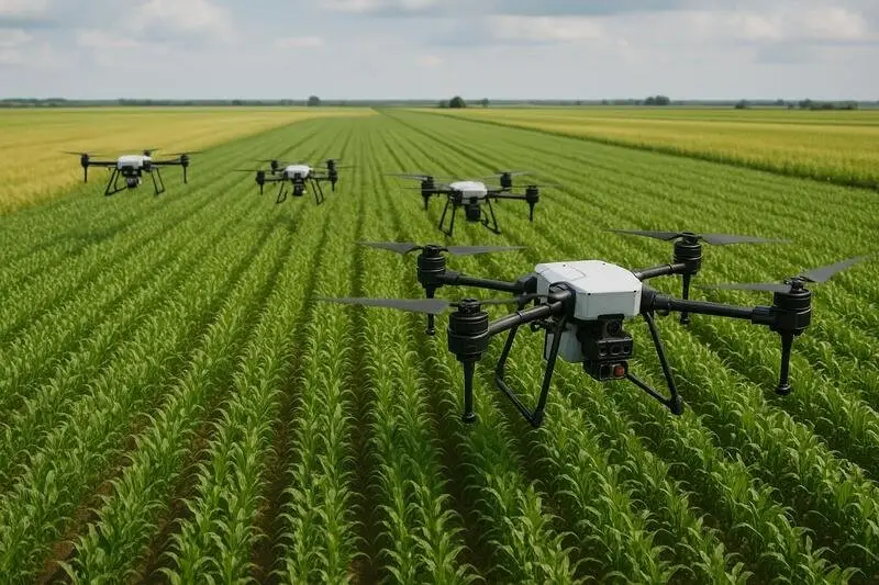 Drones sobrevolando campos agrícolas con cámaras y sensores para monitorización