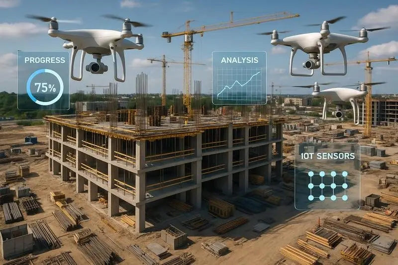 Drones monitorizando obra de construcción con análisis de progreso automatizado