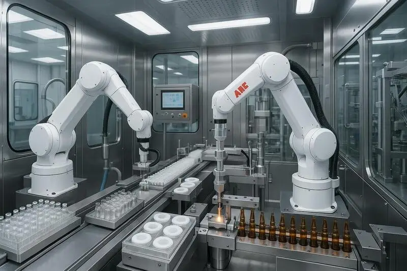 Línea de envasado estéril farmacéutico con robots en ambiente controlado
