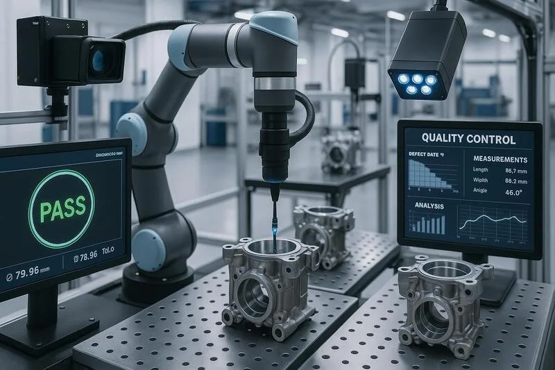 Sistema de visión artificial inspeccionando componentes automotrices