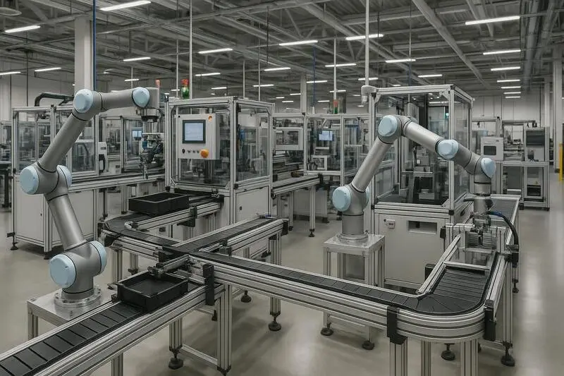 Línea de producción flexible con robots colaborativos y sistemas modulares
