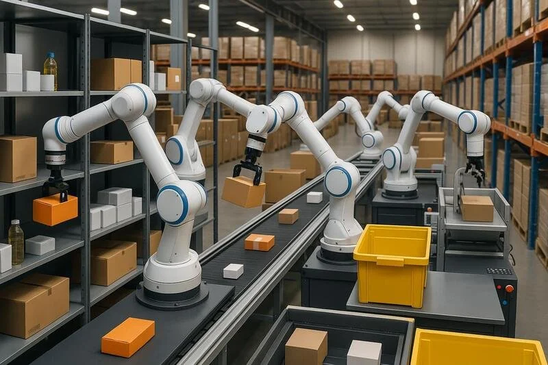 Robots colaborativos realizando picking y clasificación de productos en centro de distribución