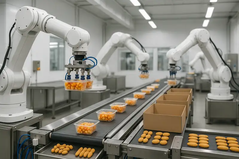 Robots industriales para manipulación y procesamiento de alimentos en líneas de producción