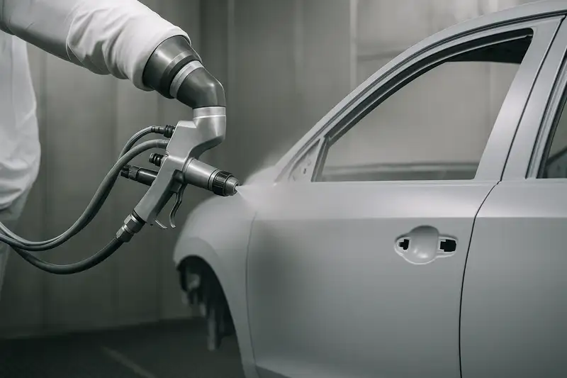 Robot de pintura aplicando acabado uniforme en carrocería de automóvil