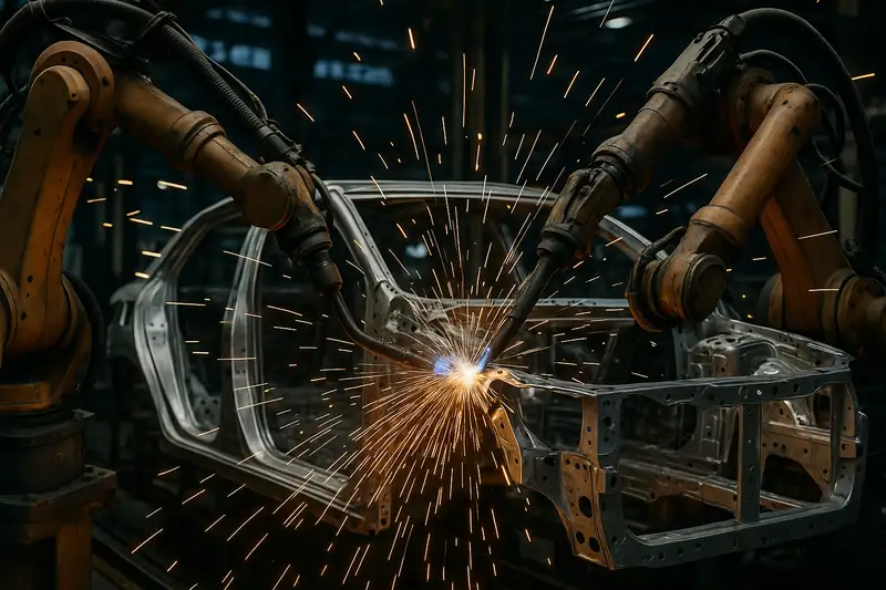 Robot industrial realizando soldadura en línea de ensamblaje automotriz