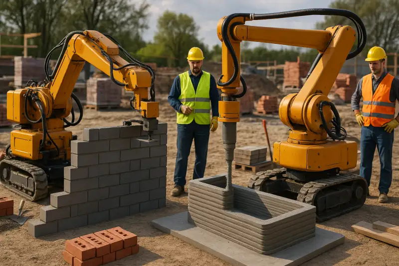 Robots especializados en construcción realizando tareas de albañilería y montaje