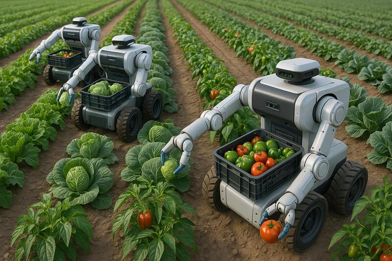 Robots autónomos realizando cosecha de frutas y verduras en campo agrícola