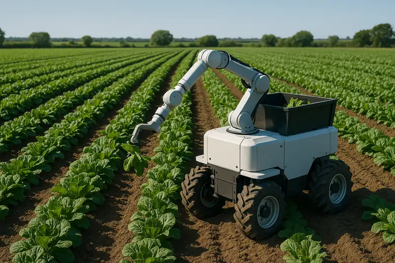 Robots autónomos realizando cosecha de frutas y verduras en campo agrícola