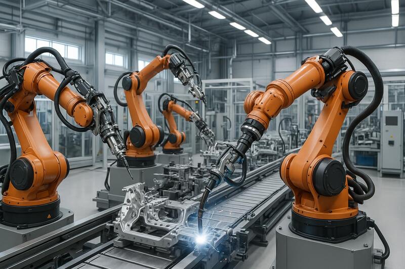 Robots industriales realizando ensamblaje de precisión en línea de producción moderna