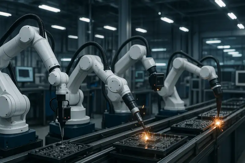 Robots industriales realizando ensamblaje de precisión en línea de producción moderna