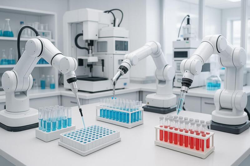 Robots de laboratorio realizando análisis y pruebas farmacéuticas automatizadas