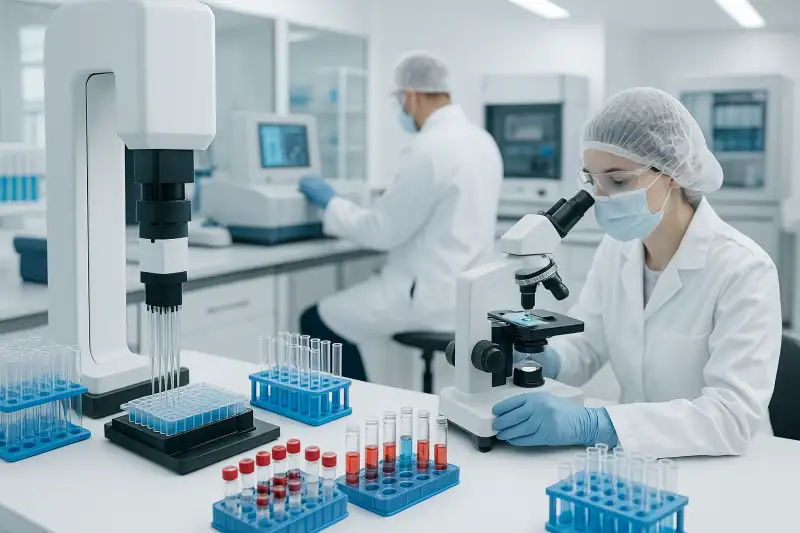 Robots de laboratorio realizando análisis y pruebas farmacéuticas automatizadas