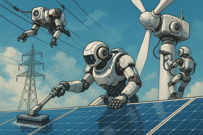 Robots especializados realizando mantenimiento en infraestructuras energéticas