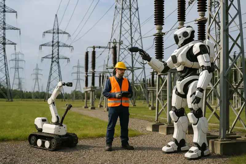 Robots especializados realizando mantenimiento en infraestructuras energéticas