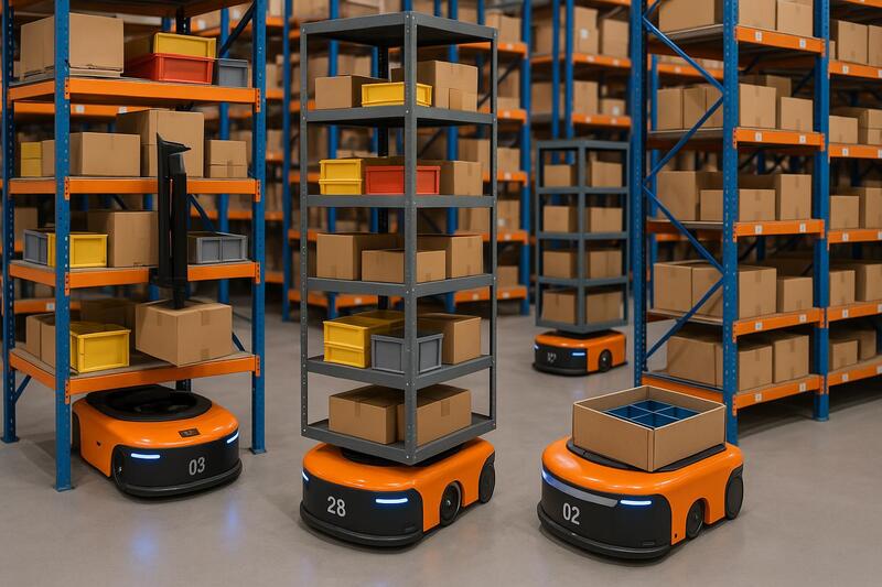 Robots automatizados realizando picking y gestión de inventario en almacén retail