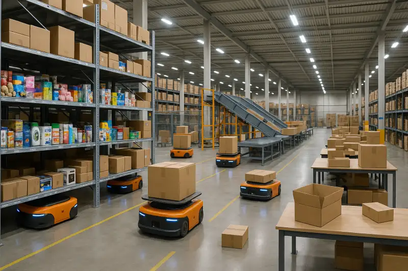 Robots automatizados realizando picking y gestión de inventario en almacén retail