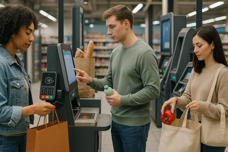 Sistema de cajas automáticas y self-checkout en tienda retail moderna