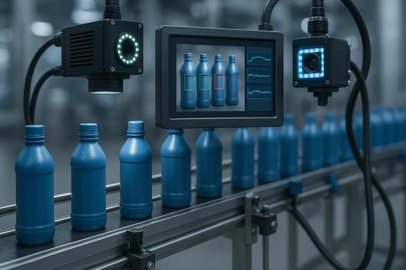 Sistema de visión artificial inspeccionando productos en línea de manufactura